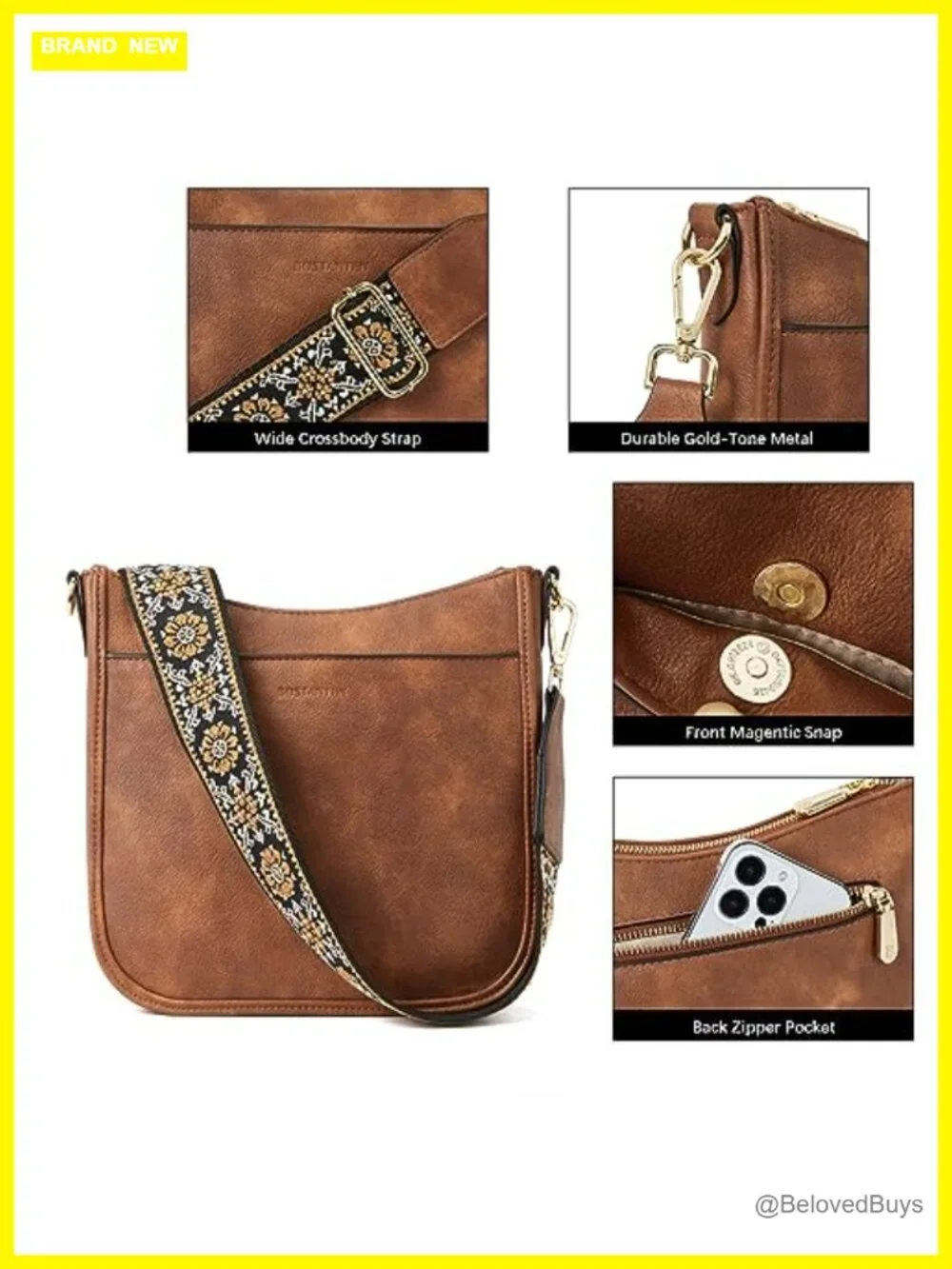 Vegan Leather Crossbody Bag with Wide Guitar Strap, Hobo Purse